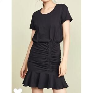 Veronica Beard Pima Ruched Dress with Flounce Short Sleeve Crew High Twist